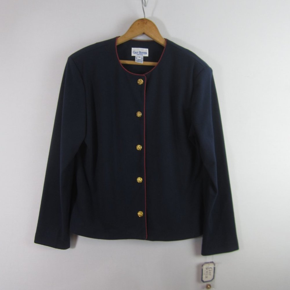 New Vtg Gay Boyer Womens 14 Navy Blue Burgundy LS Knit Shirt Blazer Soft NWT 42"